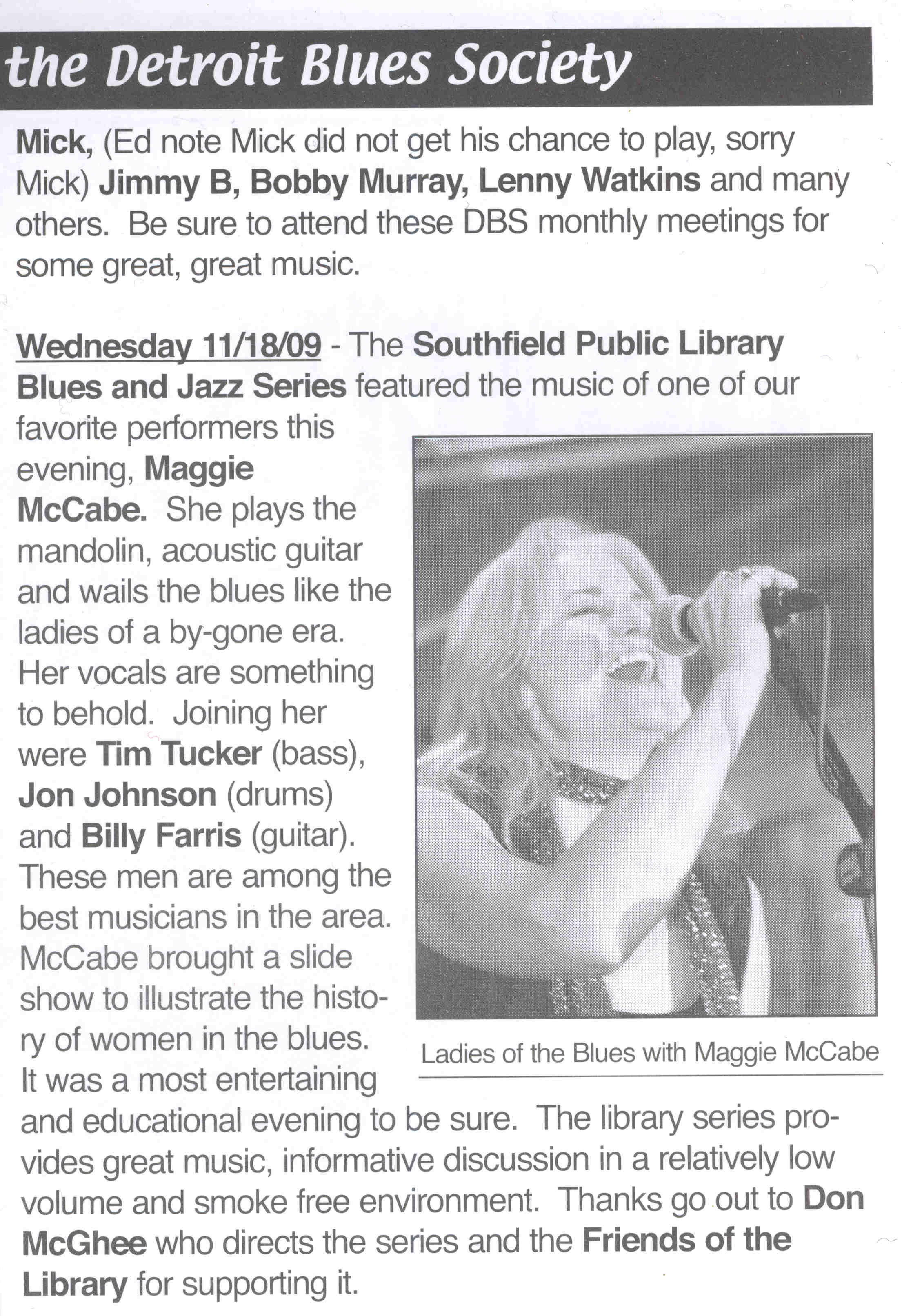Detroit Blues Society Article about "Women of the Blues".